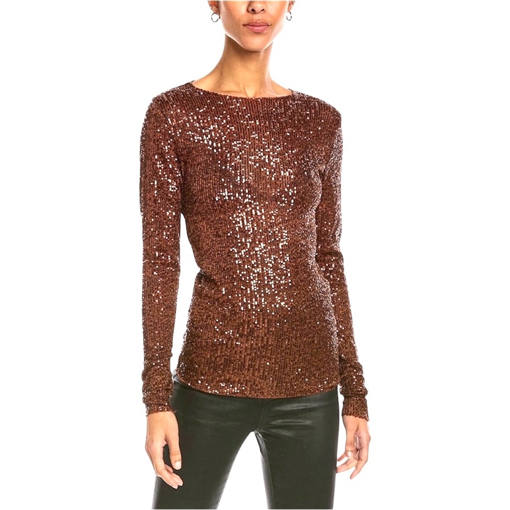 Free People Intimately Gold Rush Long Sleeve Sequin Top in Hot Chocolate, Sz Med